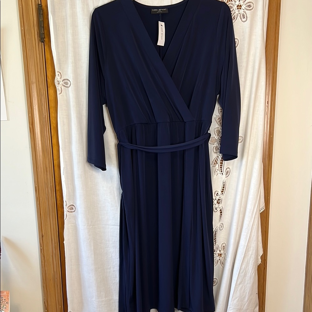 Lane Bryant 18/20 Navy V-Neck Faux Wrap 3/4 Sleeve Jersey dress with tie waist